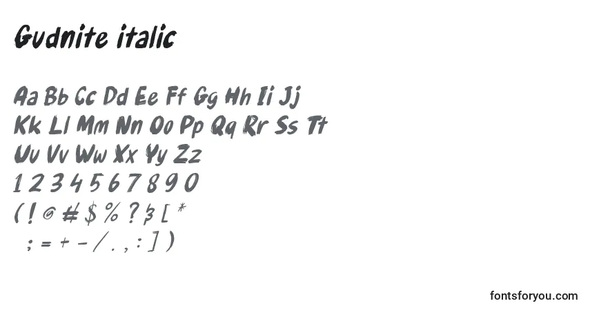 A fonte Gudnite italic (128702) – alfabeto, números, caracteres especiais