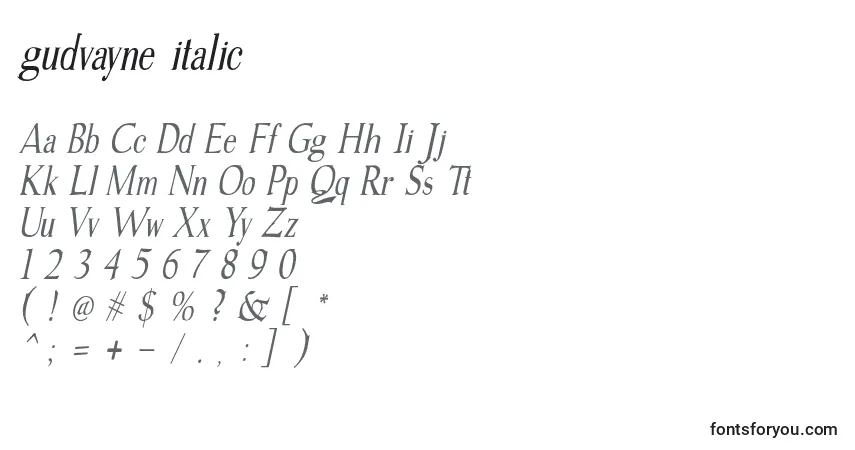 Gudvayne italic-fontti – aakkoset, numerot, erikoismerkit