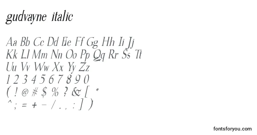 Czcionka Gudvayne italic (128706) – alfabet, cyfry, specjalne znaki