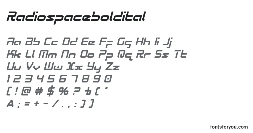 Schriftart Radiospaceboldital – Alphabet, Zahlen, spezielle Symbole