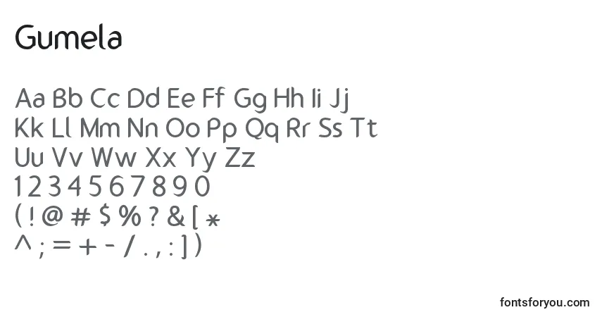 Schriftart Gumela – Alphabet, Zahlen, spezielle Symbole