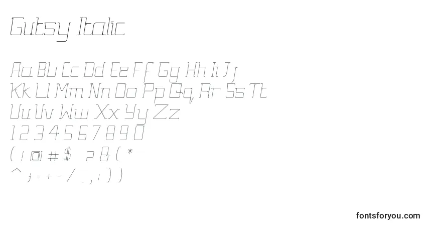 Шрифт Gutsy Italic – алфавит, цифры, специальные символы