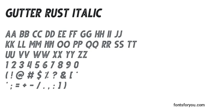 Schriftart Gutter Rust Italic – Alphabet, Zahlen, spezielle Symbole