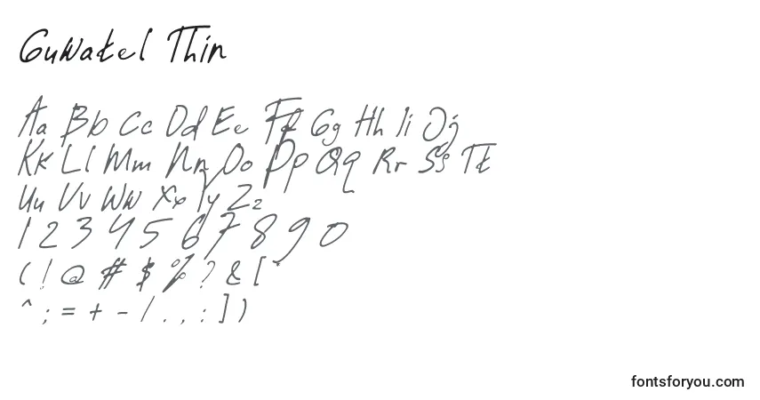 Czcionka Guwatel Thin – alfabet, cyfry, specjalne znaki