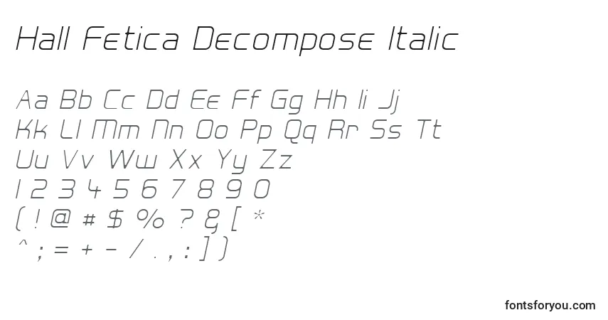 Czcionka Hall Fetica Decompose Italic – alfabet, cyfry, specjalne znaki