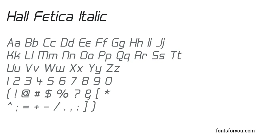A fonte Hall Fetica Italic – alfabeto, números, caracteres especiais