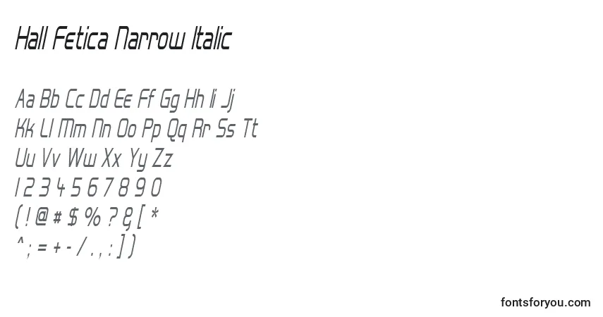 Schriftart Hall Fetica Narrow Italic – Alphabet, Zahlen, spezielle Symbole