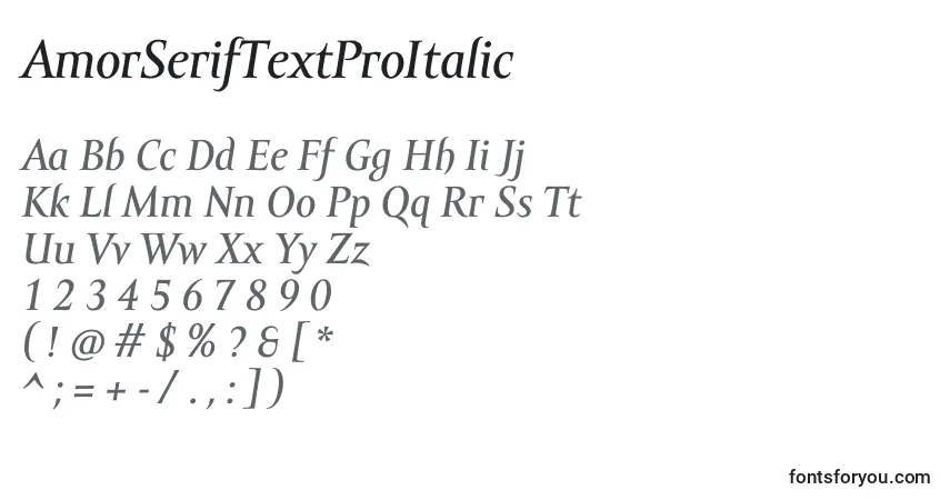 Шрифт AmorSerifTextProItalic – алфавит, цифры, специальные символы