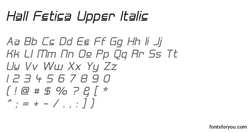 Czcionka Hall Fetica Upper Italic – alfabet, cyfry, specjalne znaki