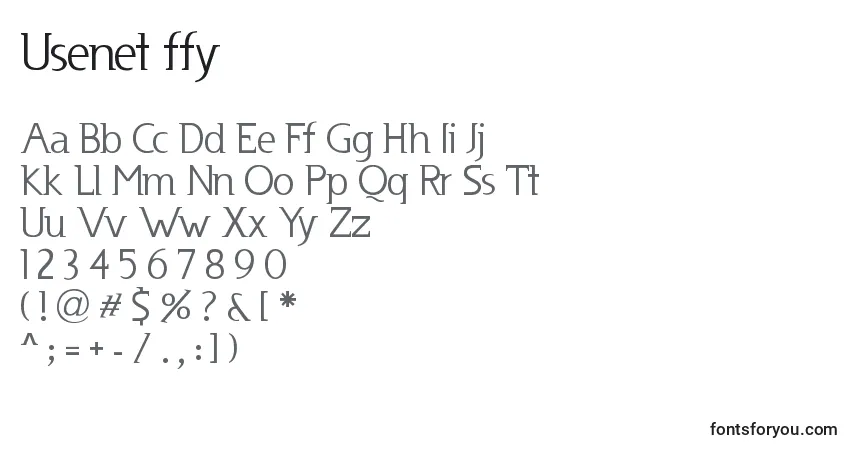 A fonte Usenet ffy – alfabeto, números, caracteres especiais