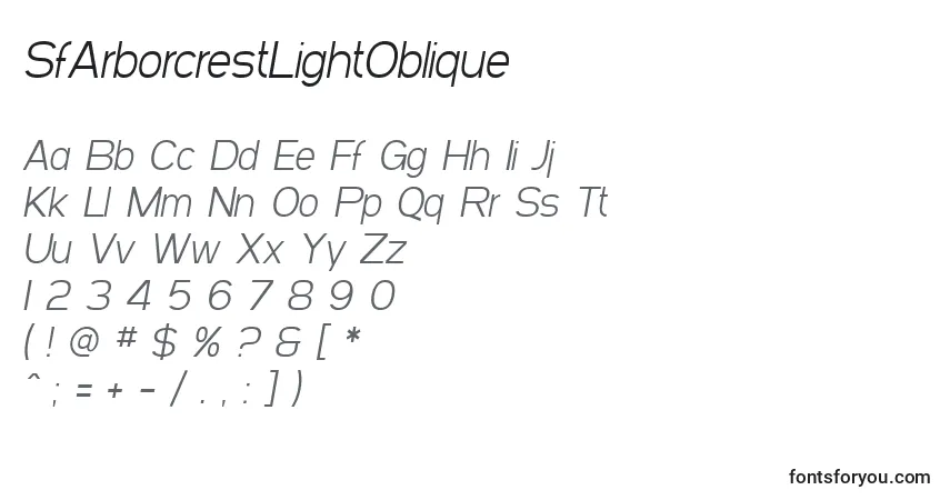 Schriftart SfArborcrestLightOblique – Alphabet, Zahlen, spezielle Symbole