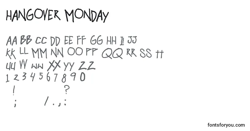 Schriftart Hangover monday – Alphabet, Zahlen, spezielle Symbole