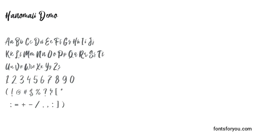 A fonte Hanomali Demo (128990) – alfabeto, números, caracteres especiais