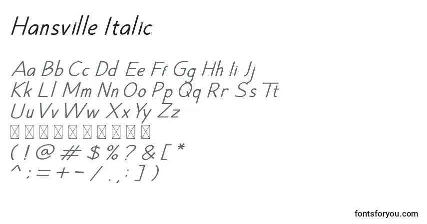 Czcionka Hansville Italic (129003) – alfabet, cyfry, specjalne znaki