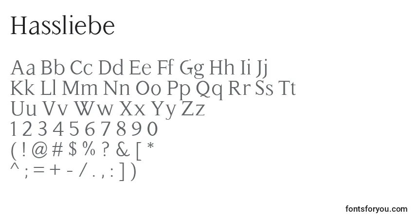 Czcionka Hassliebe – alfabet, cyfry, specjalne znaki