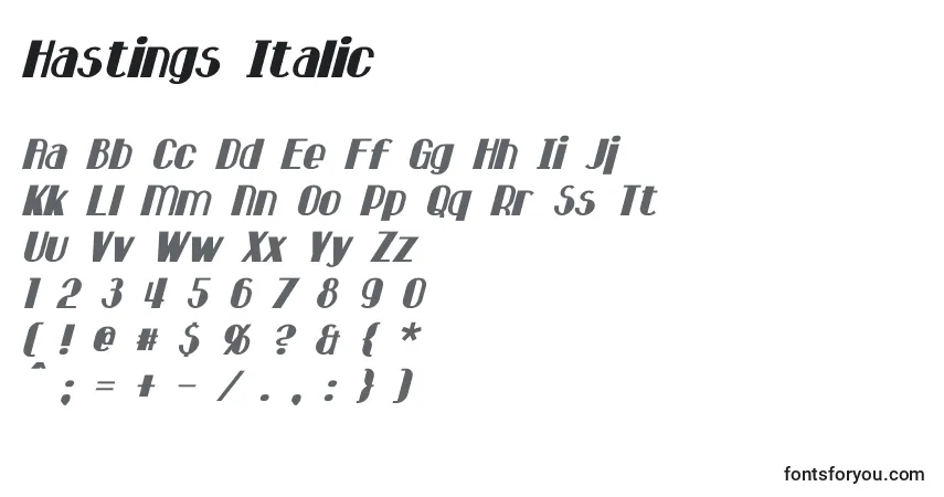 Czcionka Hastings Italic – alfabet, cyfry, specjalne znaki