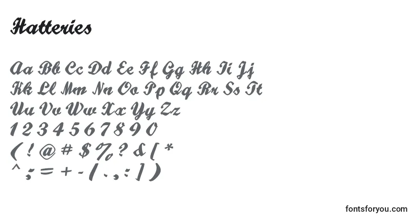 Czcionka Hatteries – alfabet, cyfry, specjalne znaki