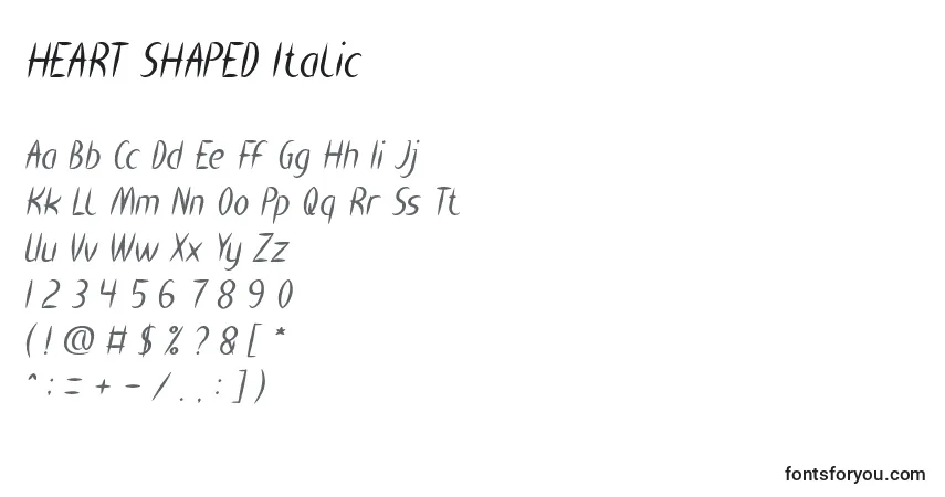 Шрифт HEART SHAPED Italic – алфавит, цифры, специальные символы