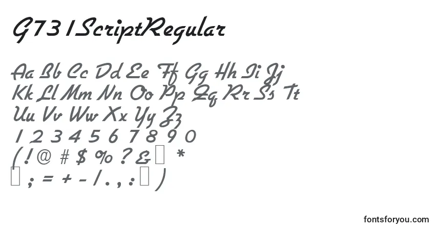 Czcionka G731ScriptRegular – alfabet, cyfry, specjalne znaki