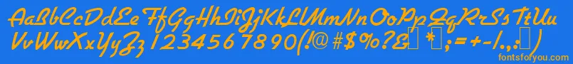 フォントG731ScriptRegular – オレンジ色の文字が青い背景にあります。