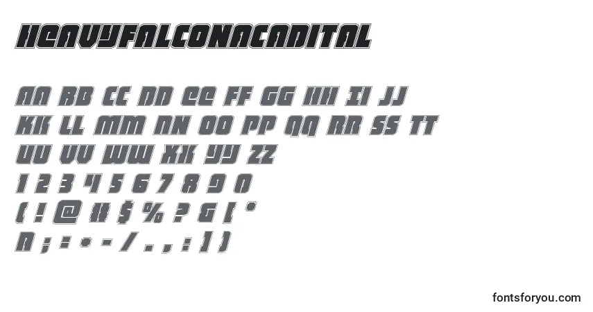 Schriftart Heavyfalconacadital – Alphabet, Zahlen, spezielle Symbole