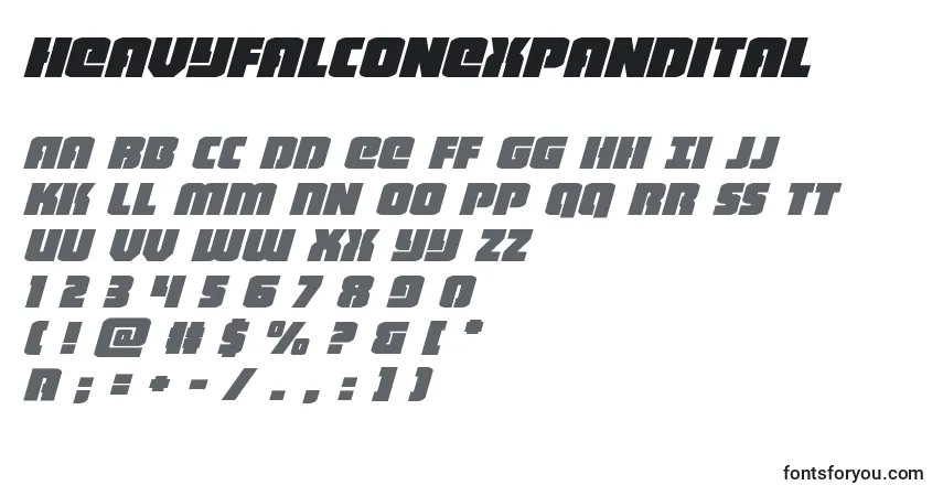 Czcionka Heavyfalconexpandital – alfabet, cyfry, specjalne znaki