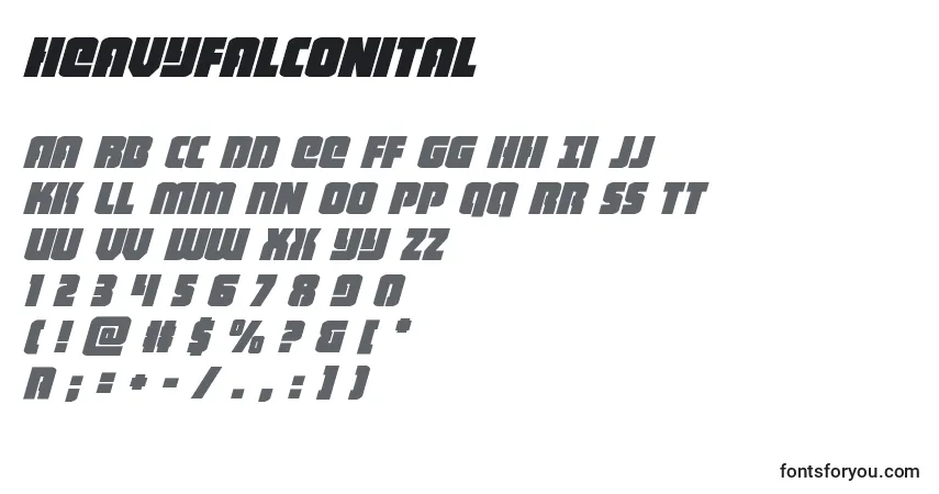 Schriftart Heavyfalconital – Alphabet, Zahlen, spezielle Symbole