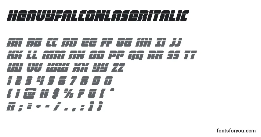 Schriftart Heavyfalconlaseritalic – Alphabet, Zahlen, spezielle Symbole