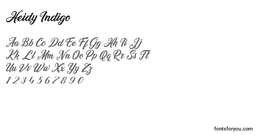 Czcionka Heidy Indigo – alfabet, cyfry, specjalne znaki