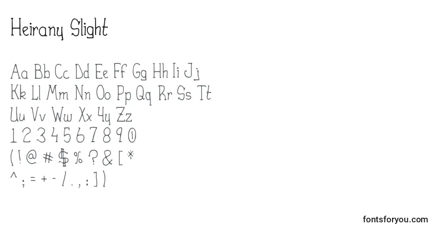 Czcionka Heirany Slight – alfabet, cyfry, specjalne znaki