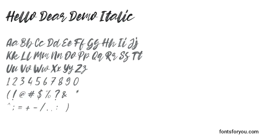 Шрифт Hello Dear Demo Italic – алфавит, цифры, специальные символы