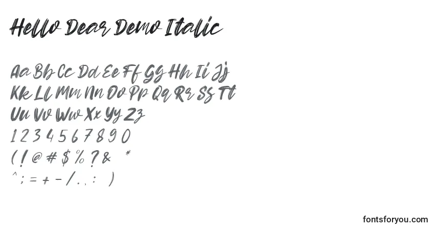 Шрифт Hello Dear Demo Italic (129314) – алфавит, цифры, специальные символы