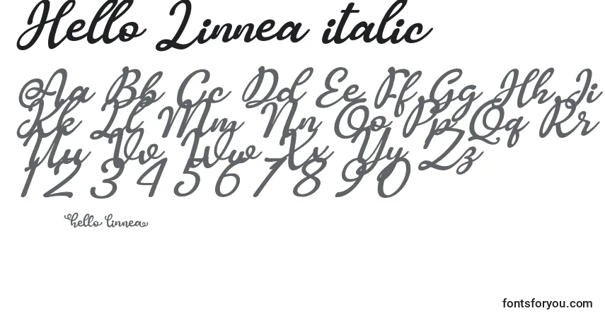 Schriftart Hello Linnea italic – Alphabet, Zahlen, spezielle Symbole