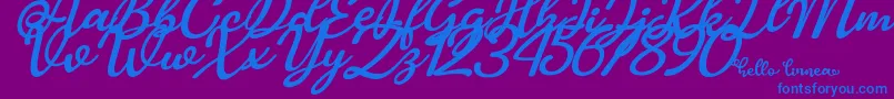 Fonte Hello Linnea italic – fontes azuis em um fundo violeta