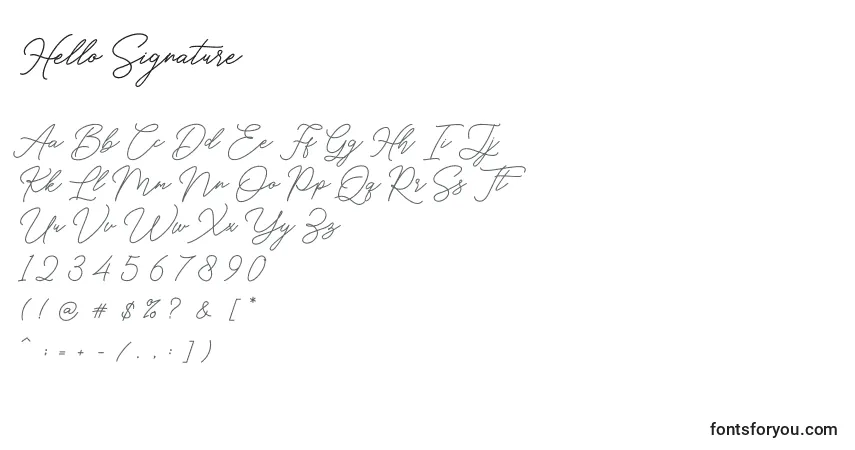 A fonte Hello Signature – alfabeto, números, caracteres especiais