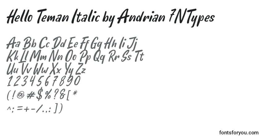 A fonte Hello Teman Italic by Andrian 7NTypes – alfabeto, números, caracteres especiais