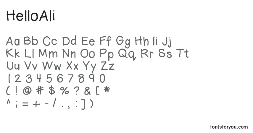 Czcionka HelloAli – alfabet, cyfry, specjalne znaki