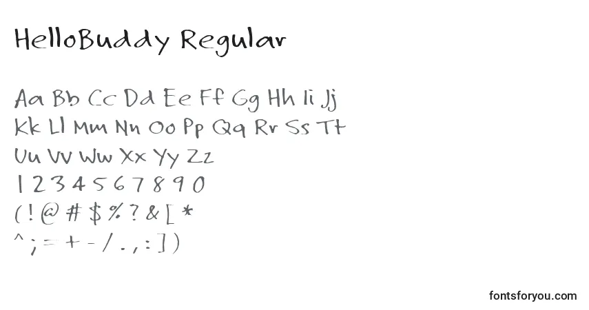 Schriftart HelloBuddy Regular – Alphabet, Zahlen, spezielle Symbole