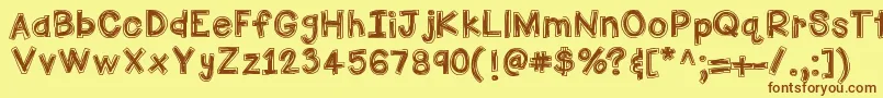 HelloFirstieBigGulp-Schriftart – Braune Schriften auf gelbem Hintergrund