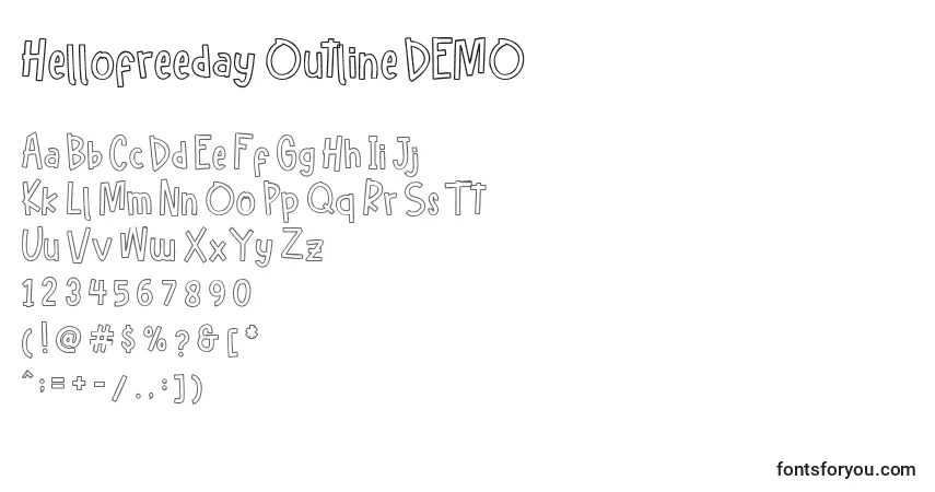 Czcionka Hellofreeday Outline DEMO – alfabet, cyfry, specjalne znaki