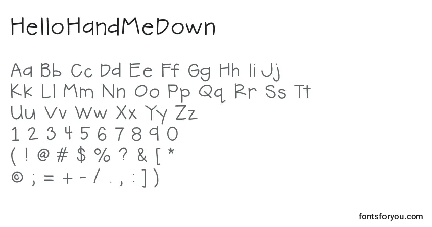 A fonte HelloHandMeDown – alfabeto, números, caracteres especiais