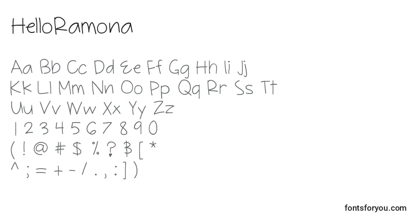 A fonte HelloRamona – alfabeto, números, caracteres especiais