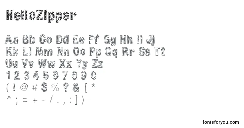 A fonte HelloZipper – alfabeto, números, caracteres especiais