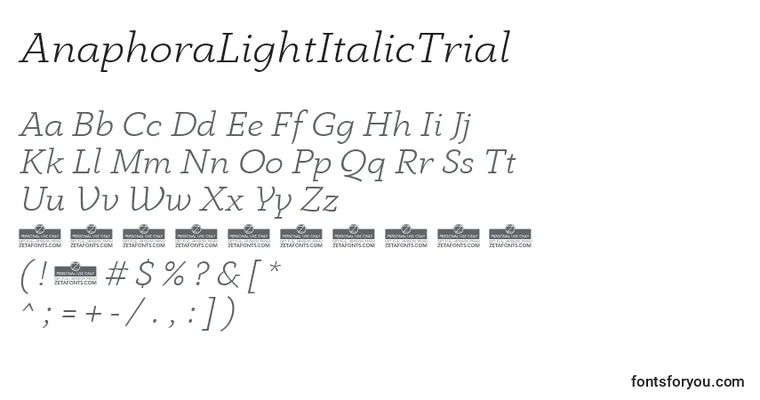 Czcionka AnaphoraLightItalicTrial – alfabet, cyfry, specjalne znaki