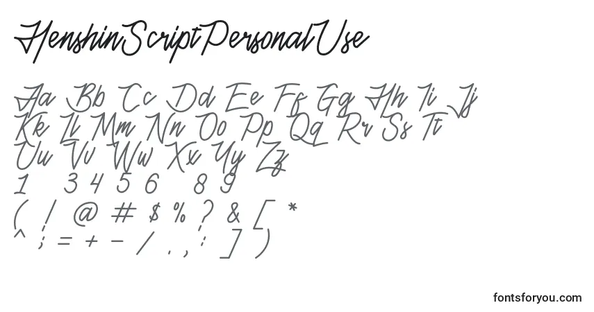 A fonte HenshinScriptPersonalUse – alfabeto, números, caracteres especiais