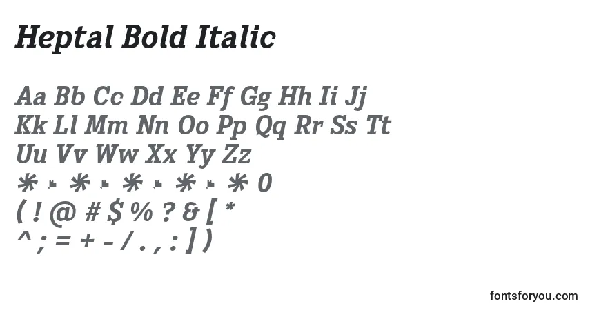 Schriftart Heptal Bold Italic – Alphabet, Zahlen, spezielle Symbole