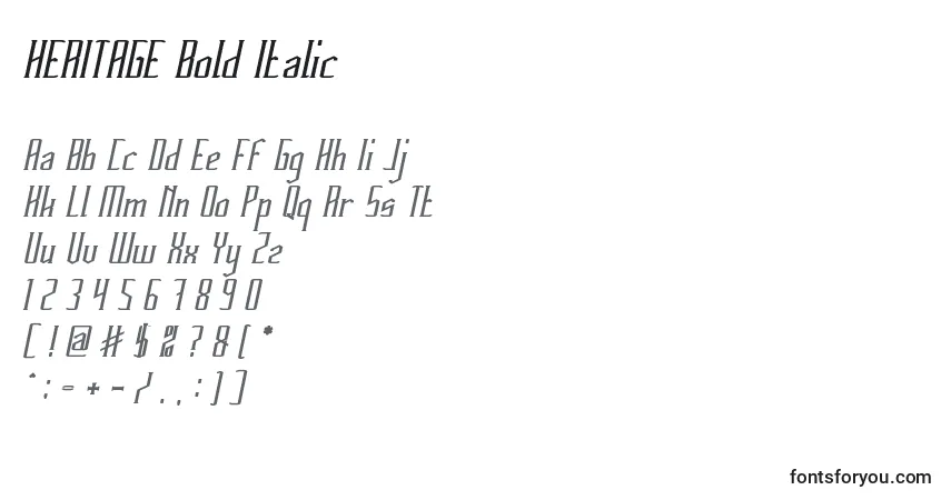 A fonte HERITAGE Bold Italic – alfabeto, números, caracteres especiais