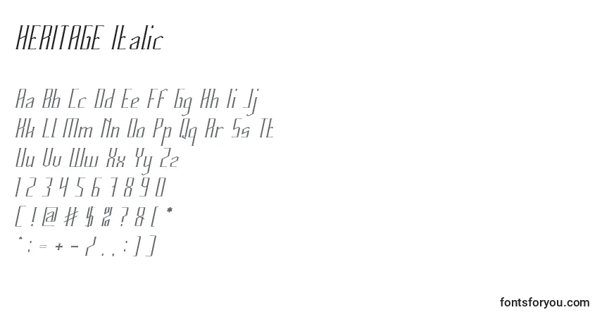 Schriftart HERITAGE Italic – Alphabet, Zahlen, spezielle Symbole