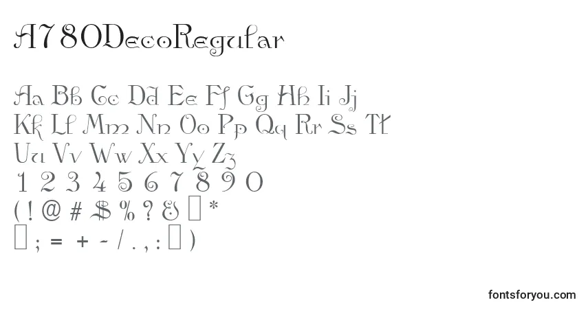 Czcionka A780DecoRegular – alfabet, cyfry, specjalne znaki