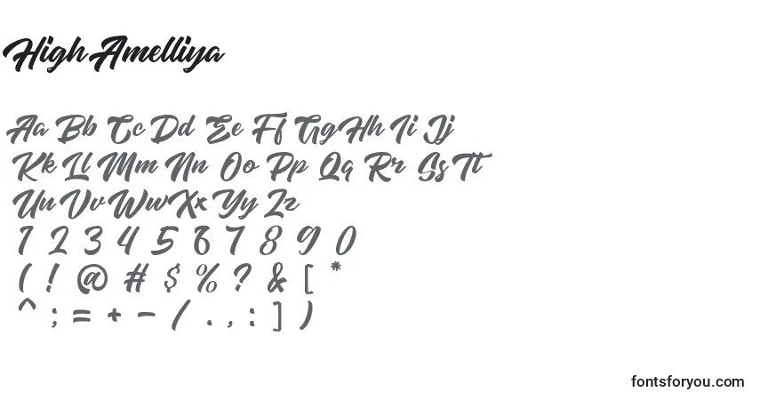 Schriftart High Amelliya – Alphabet, Zahlen, spezielle Symbole